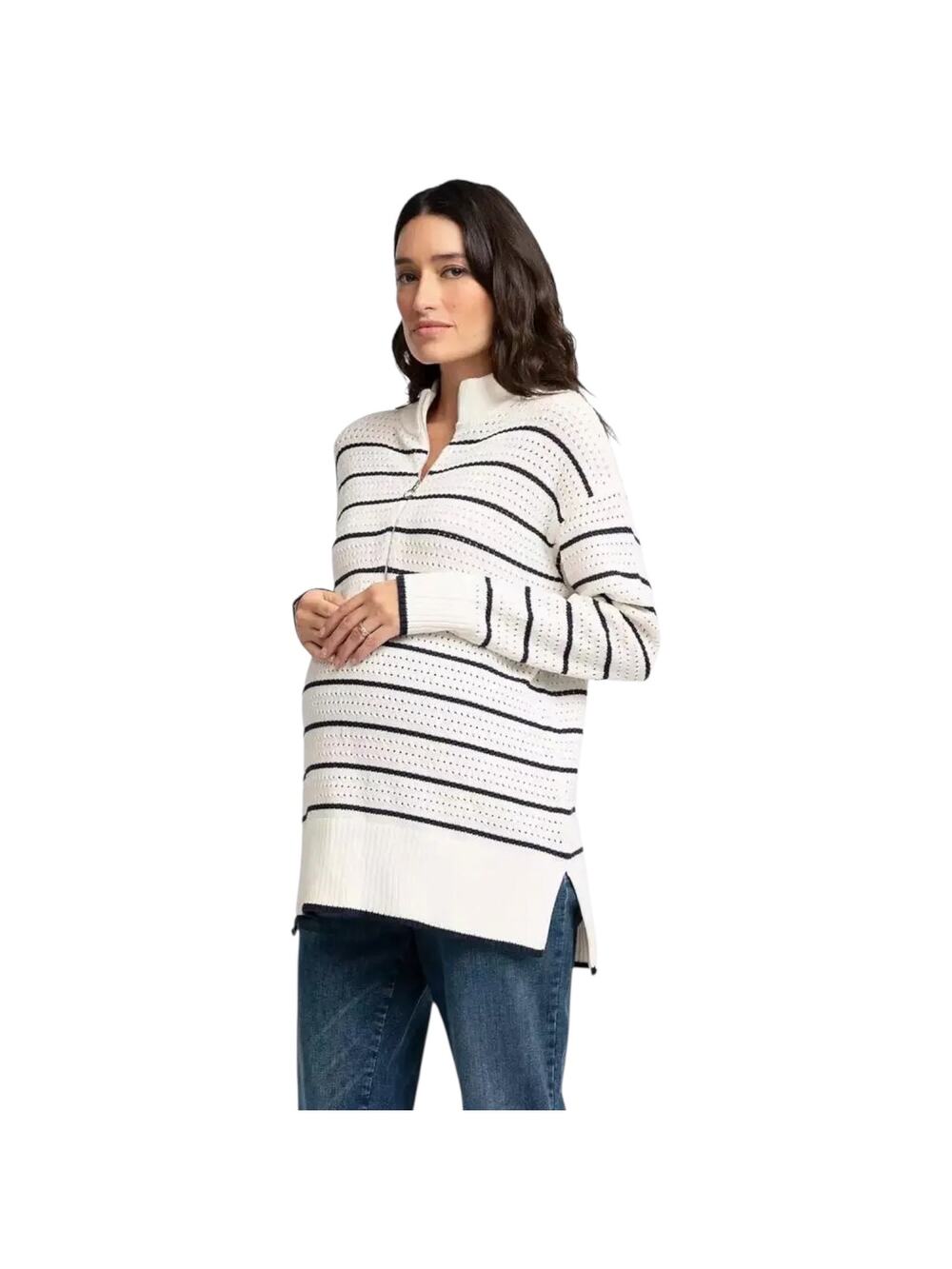 Seraphine White Navy Striped Quarter Zip Cotton Sweater NWT Maternity S